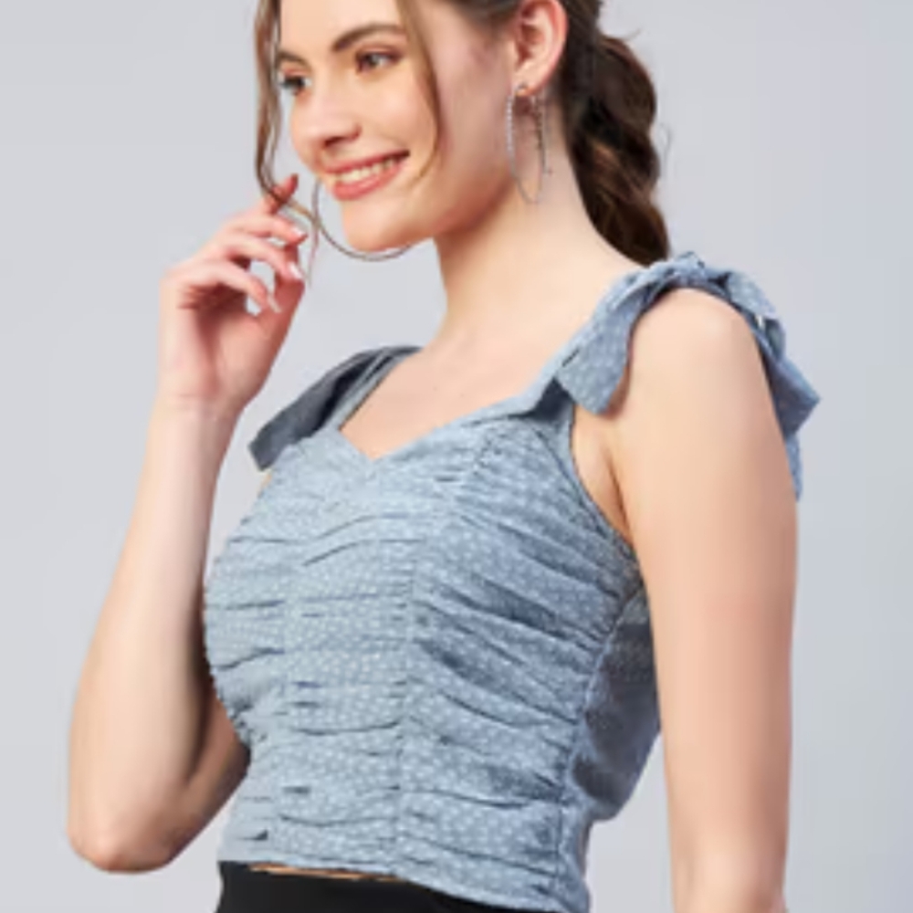 Rouched, slate blue, tie straps, corset style tank size medium